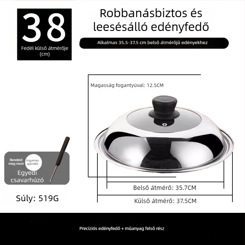 Rozsdamentes acélból készült átlátszó fazékfedő, kör alakú üveges párolófedéllel és fogantyúval