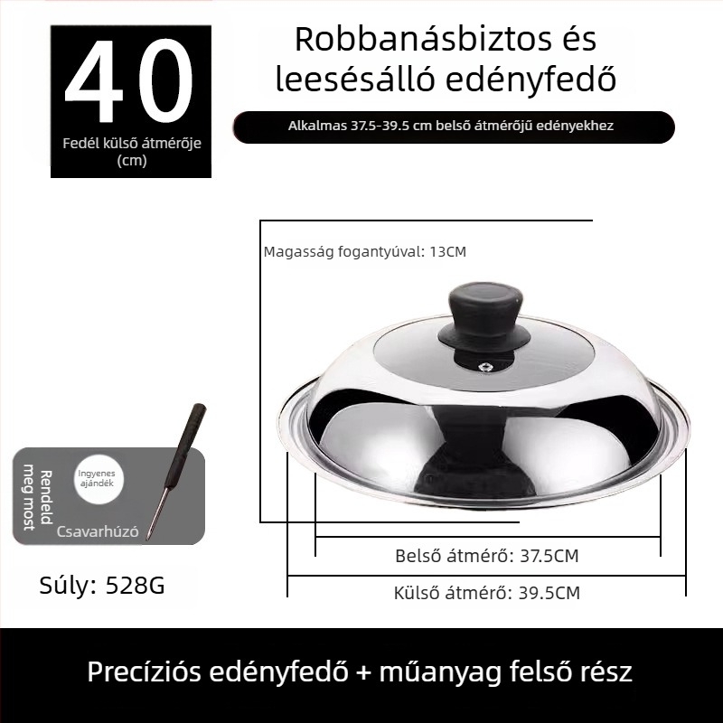 Rozsdamentes acélból készült átlátszó fazékfedő, kör alakú üveges párolófedéllel és fogantyúval