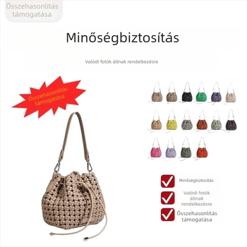 Kézzel készített, szövött húzózsinóros vödörtáska mindennapi viselethez.