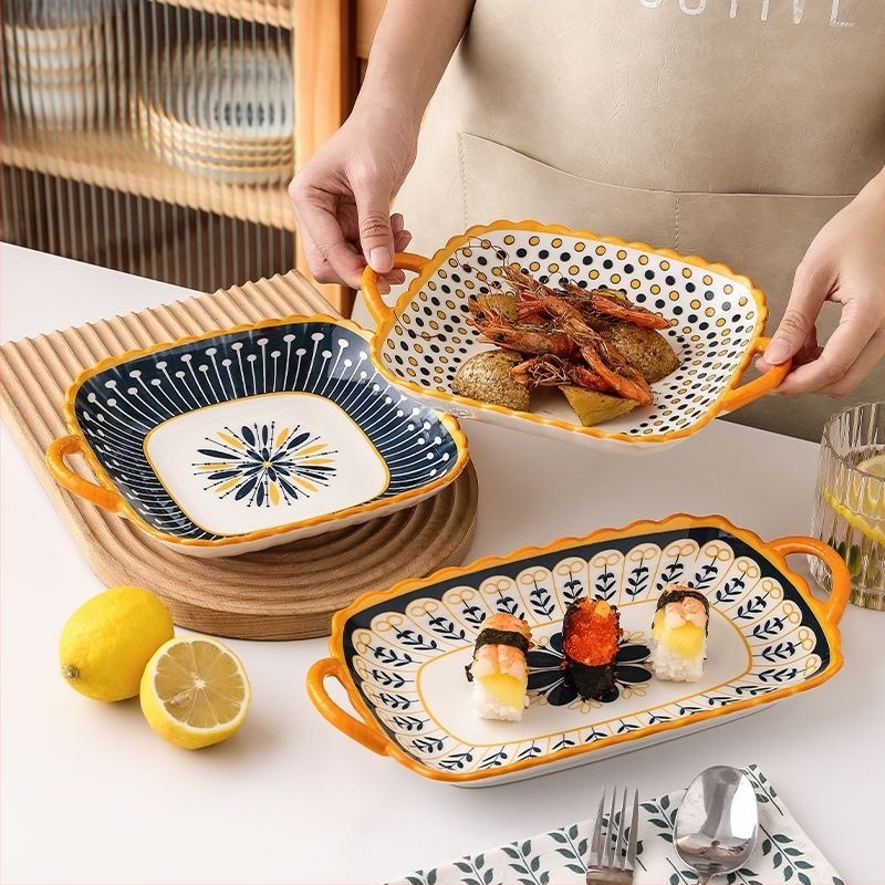 Északi stílusú négyszögletes porcelán tányér két fülével, mikrohullámú sütőben használható, kerámia étkészlet otthoni használatra