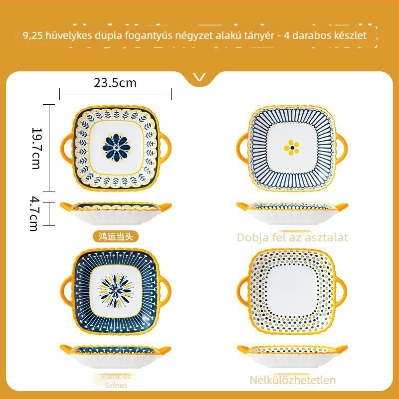 Északi stílusú négyszögletes porcelán tányér két fülével, mikrohullámú sütőben használható, kerámia étkészlet otthoni használatra
