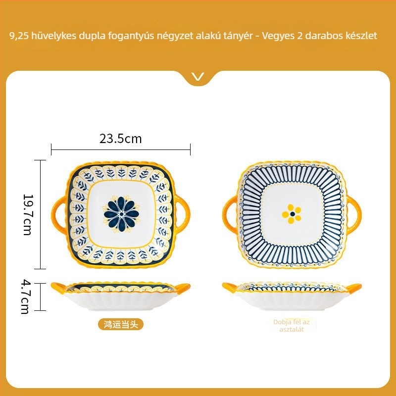 Északi stílusú négyszögletes porcelán tányér két fülével, mikrohullámú sütőben használható, kerámia étkészlet otthoni használatra