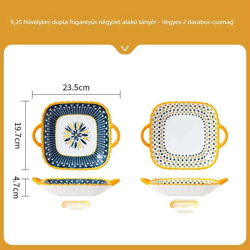 Északi stílusú négyszögletes porcelán tányér két fülével, mikrohullámú sütőben használható, kerámia étkészlet otthoni használatra