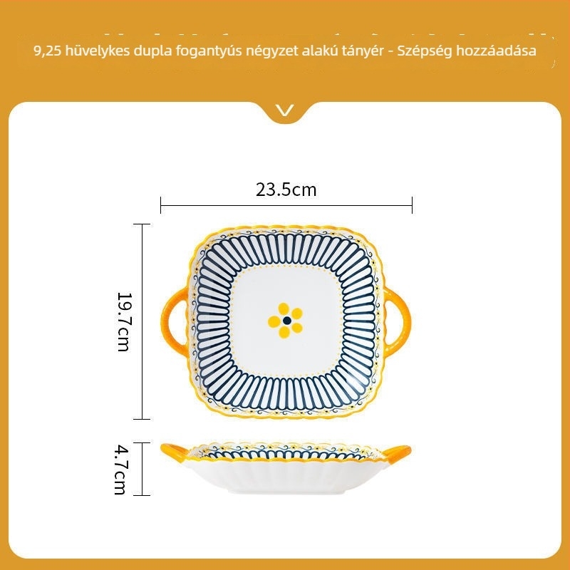 Északi stílusú négyszögletes porcelán tányér két fülével, mikrohullámú sütőben használható, kerámia étkészlet otthoni használatra