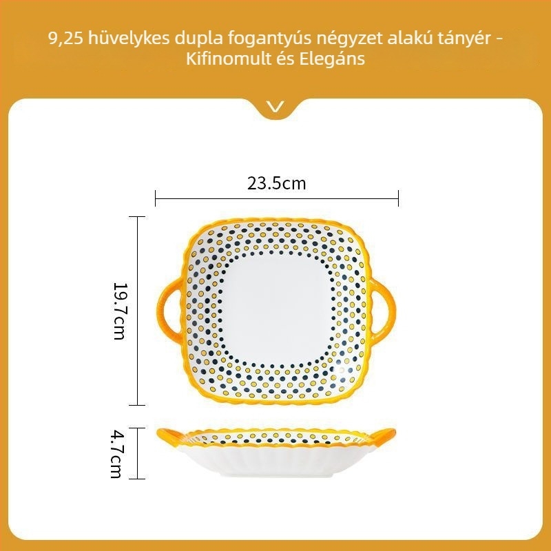 Északi stílusú négyszögletes porcelán tányér két fülével, mikrohullámú sütőben használható, kerámia étkészlet otthoni használatra