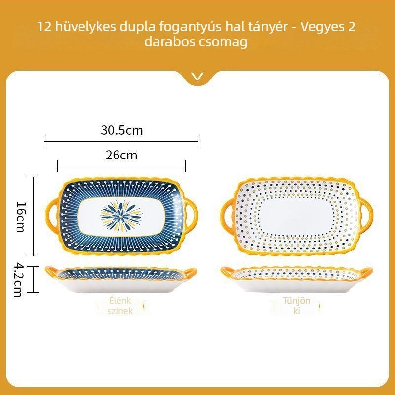 Északi stílusú négyszögletes porcelán tányér két fülével, mikrohullámú sütőben használható, kerámia étkészlet otthoni használatra
