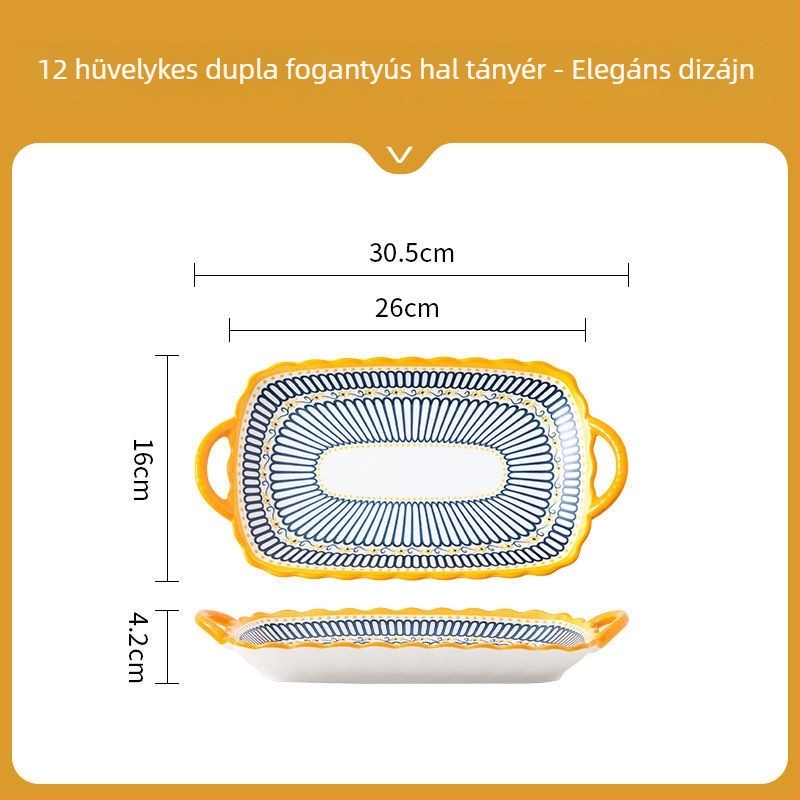 Északi stílusú négyszögletes porcelán tányér két fülével, mikrohullámú sütőben használható, kerámia étkészlet otthoni használatra