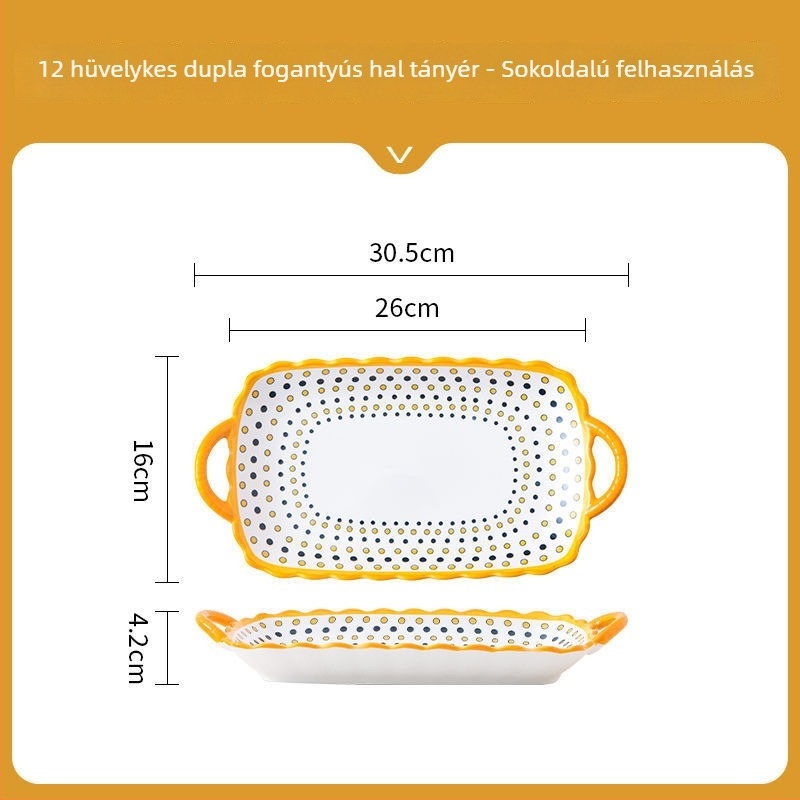 Északi stílusú négyszögletes porcelán tányér két fülével, mikrohullámú sütőben használható, kerámia étkészlet otthoni használatra