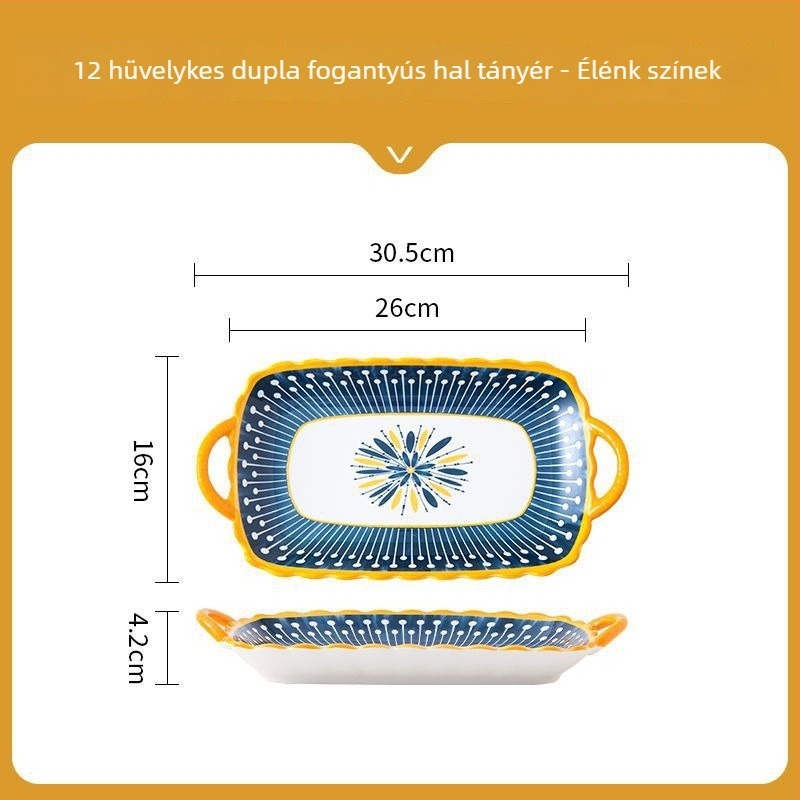 Északi stílusú négyszögletes porcelán tányér két fülével, mikrohullámú sütőben használható, kerámia étkészlet otthoni használatra