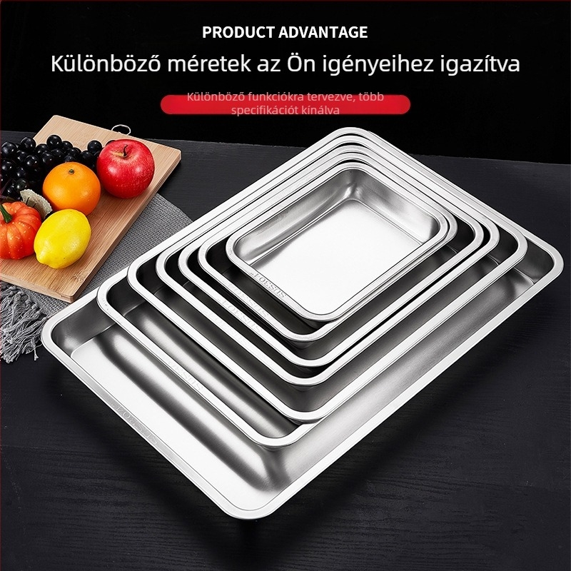 304 rozsdamentes acél téglalap alakú tálca, otthoni és kereskedelmi használatra, vastított, alkalmas grillre és párolásra