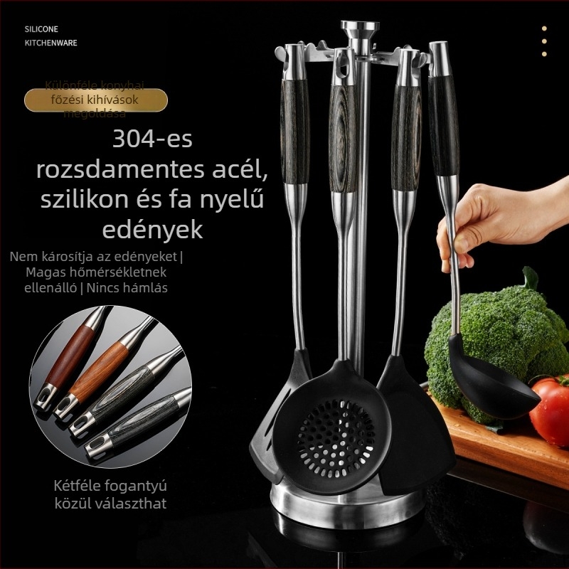 Szilikon spatula készlet 304 rozsdamentes acélból, hőálló, tapadásmentes konyhai eszközök, fa nyéllel