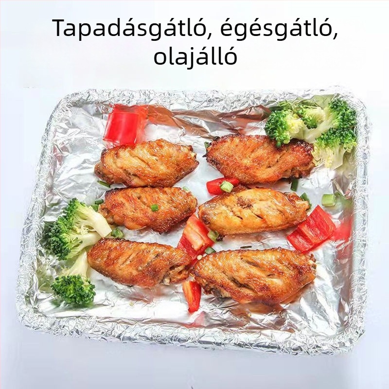 Élelmiszer‑minőségű egyszer használatos alumíniumfólia tekercs barbecuehoz, sütőhöz és légsütőhöz, dobozos csomagolásban