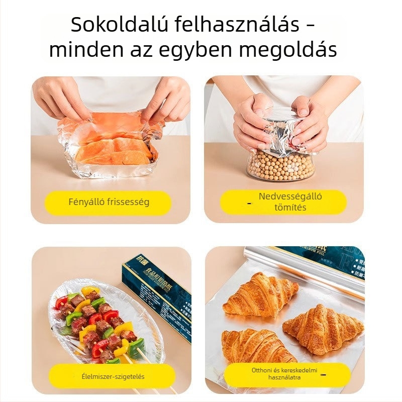 Élelmiszer-minőségű vastag alumíniumfólia sütéshez, grillhez és légsütőben sütéshez; magas hőállóság, konyhai használatra
