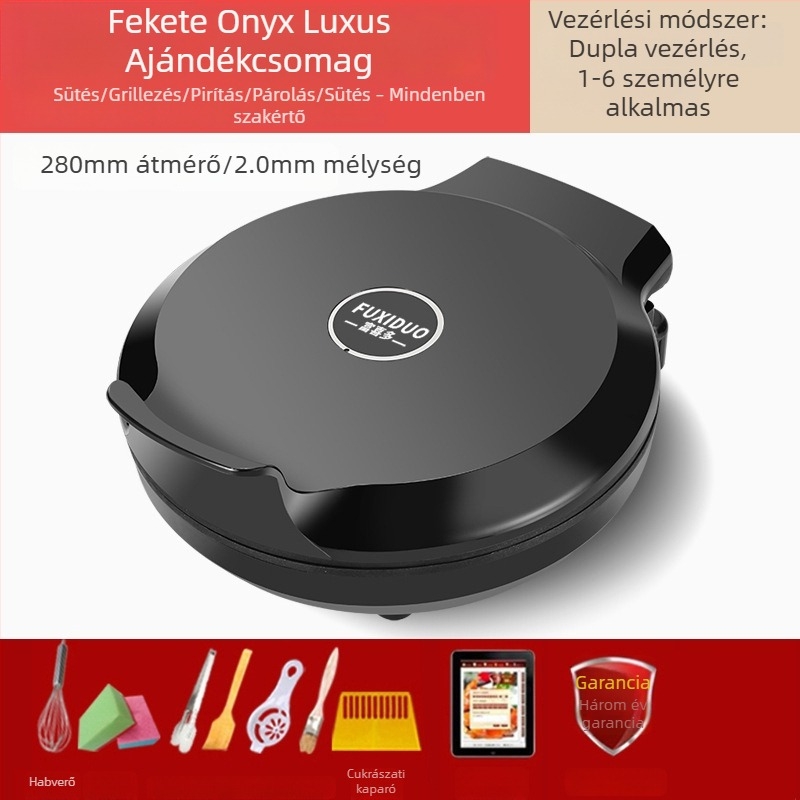 Elektromos palacsinta serpenyő mélyített és kibővített kialakítással, kétoldali felmelegítés, tapadásmentes bevonat palacsintákhoz, főzéshez, sütéshez és gombócok sütéséhez