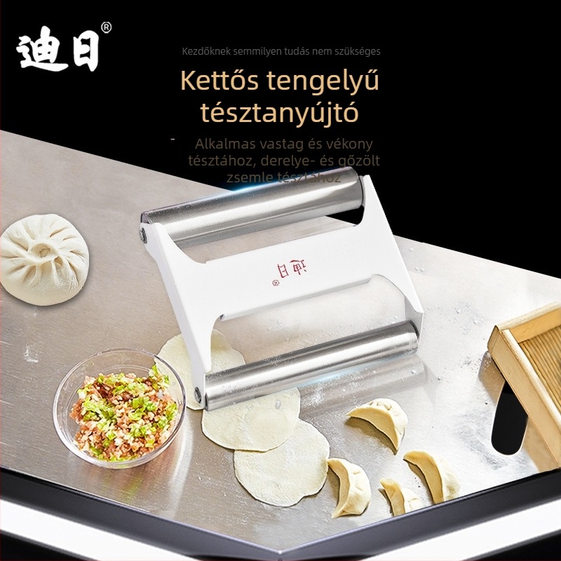 Diri rozsdamentes acélból készült kettős tengelyű tésztarrolló – beépített nyújtóval, otthoni használatra