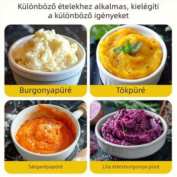 Rozsdamentes acélból készült bébiételek pürésítője, purpurszínű édesburgonya és yam pürésítésére, szűrőkanállal