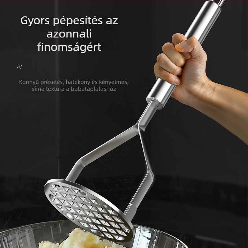 Rozsdamentes acélból készült bébiételek pürésítője, purpurszínű édesburgonya és yam pürésítésére, szűrőkanállal