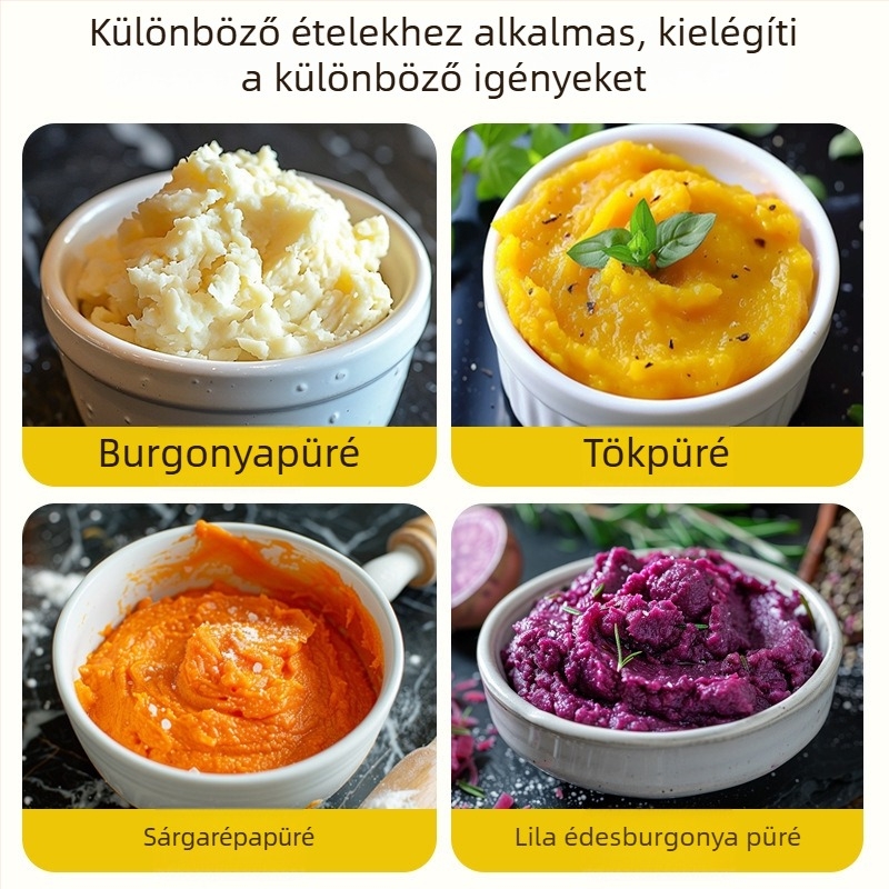 Rozsdamentes acélból készült bébiételek pürésítője, purpurszínű édesburgonya és yam pürésítésére, szűrőkanállal