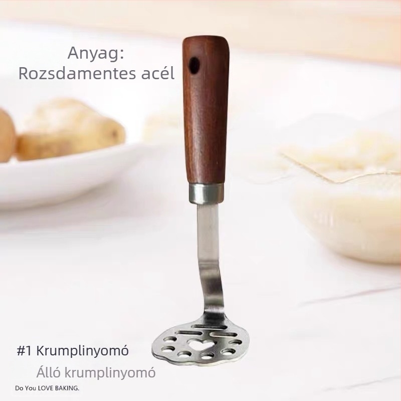 Új modell álló burgonyapürítő rozsdamentes acélból, diófa nyéllel és macska mancsa dizájnnal – bébiételekhez