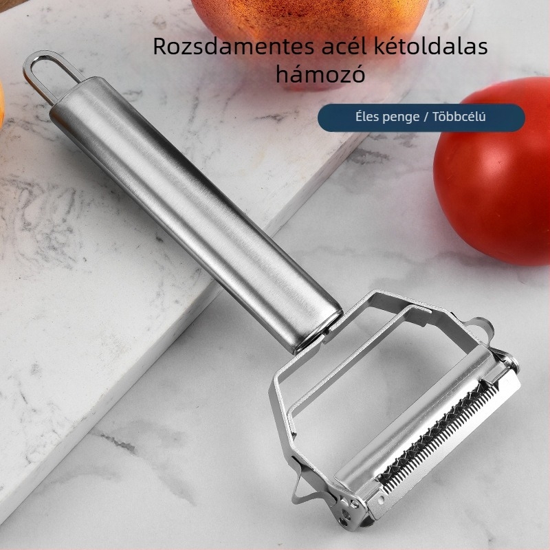 Rozsdamentes acélból készült háztartási többfunkciós gyümölcs- és zöldségpucoló és reszelő, kétoldalas