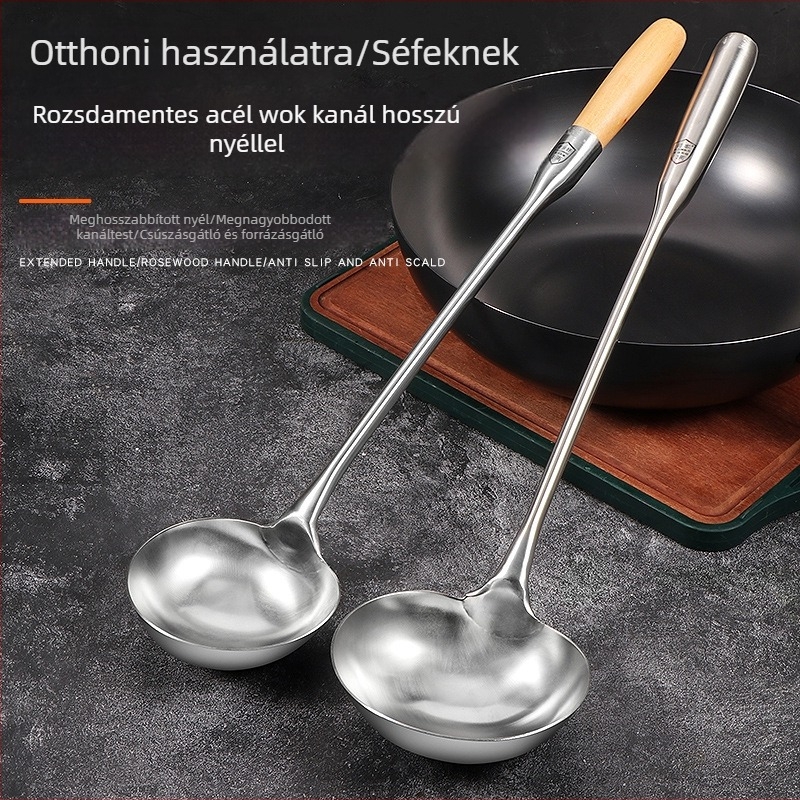 Rozsdamentes acél főzőkanál, fa fogantyúval, hosszú nyél, vastagabb kivitel, élelmiszer-minőség