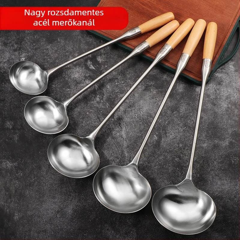 Rozsdamentes acél főzőkanál, fa fogantyúval, hosszú nyél, vastagabb kivitel, élelmiszer-minőség