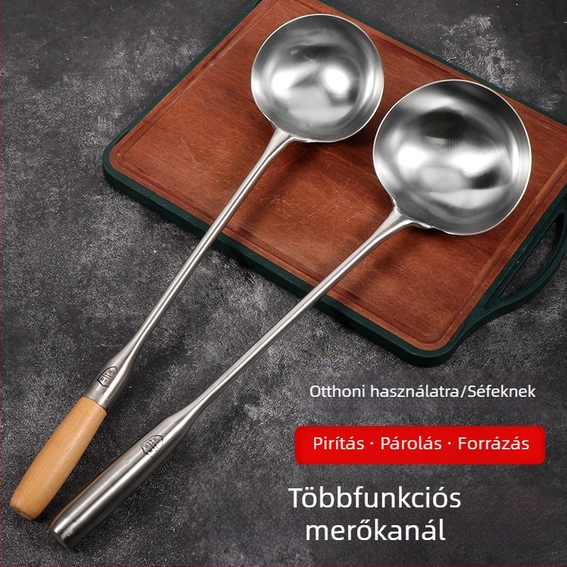 Rozsdamentes acél főzőkanál, fa fogantyúval, hosszú nyél, vastagabb kivitel, élelmiszer-minőség