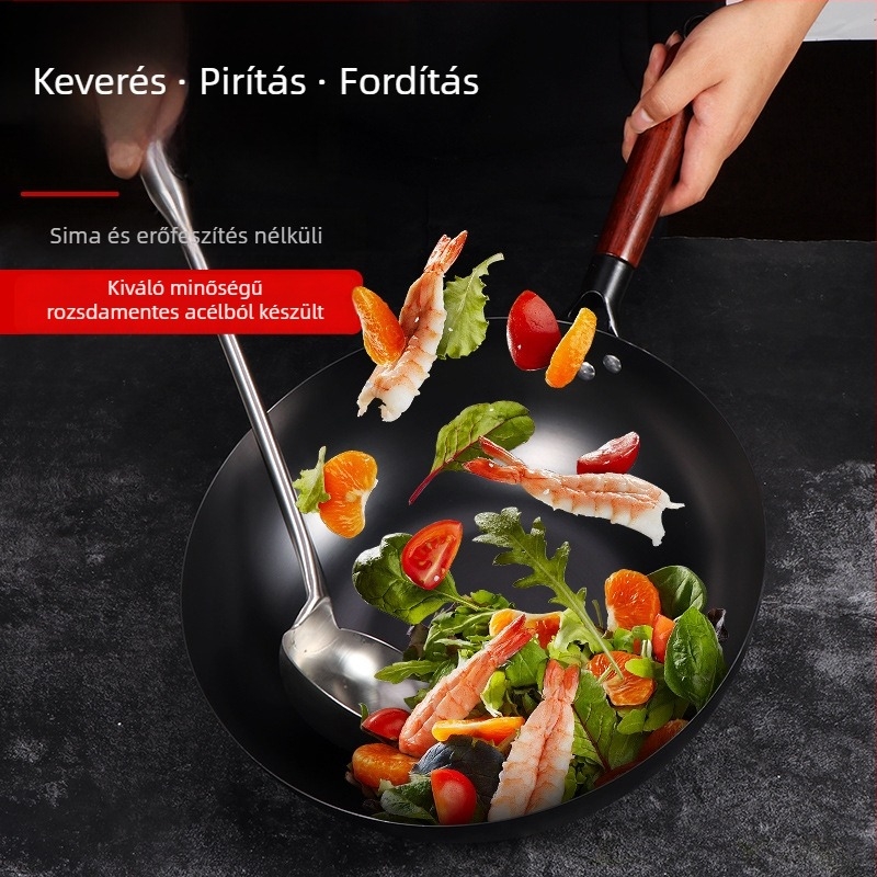 Rozsdamentes acél főzőkanál, fa fogantyúval, hosszú nyél, vastagabb kivitel, élelmiszer-minőség