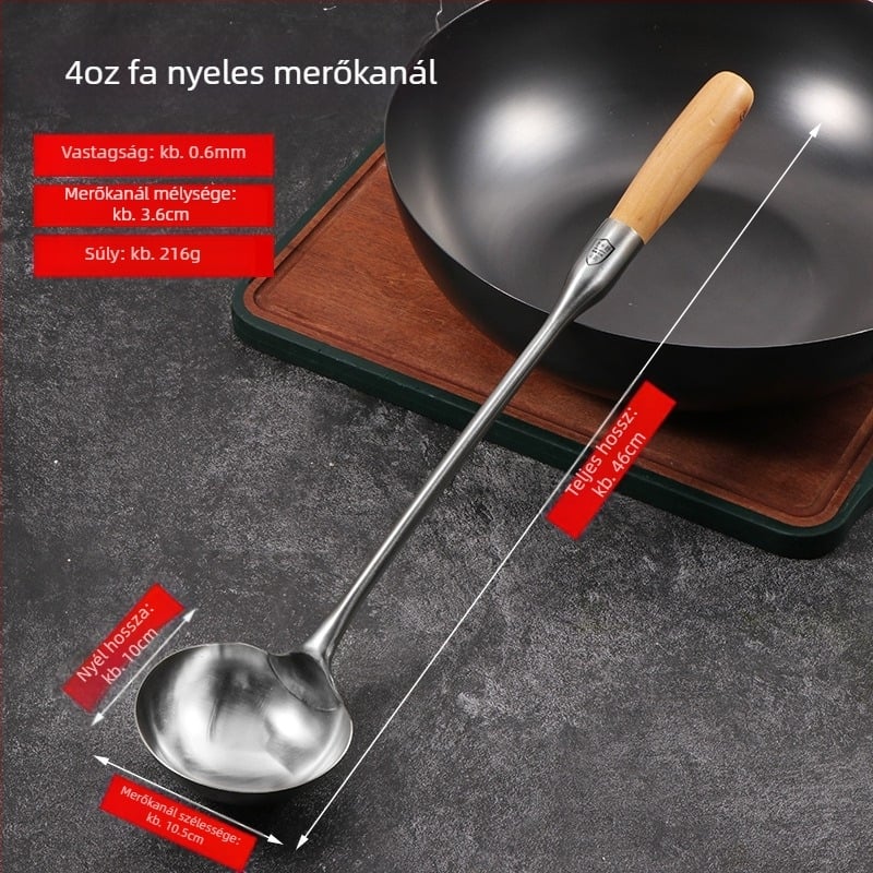 Rozsdamentes acél főzőkanál, fa fogantyúval, hosszú nyél, vastagabb kivitel, élelmiszer-minőség