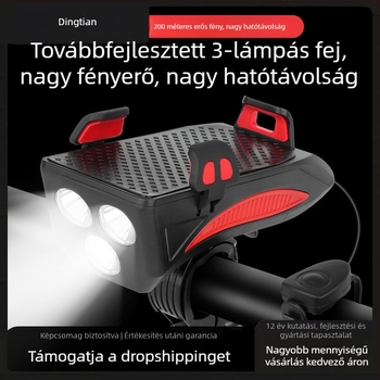 Első kerékpárfény telefon tartóval és csengővel, éjszakai kerékpározáshoz világítás, rögzített tartó, kerékpáros kiegészítők