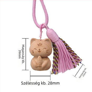 Fából készült szerencse macska kulcstartó medál, kézzel készült dekoratív kiegészítő