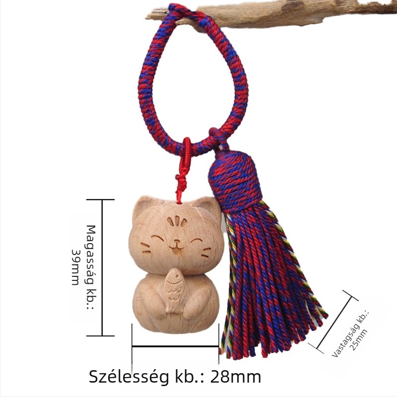 Fából készült szerencse macska kulcstartó medál, kézzel készült dekoratív kiegészítő