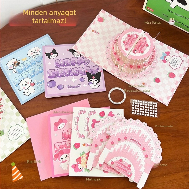 DIY karikatúra hajtogatható üdvözlőlap készlet kivágás nélkül, borítékokkal, 3D születésnapi torta üdvözlőlap