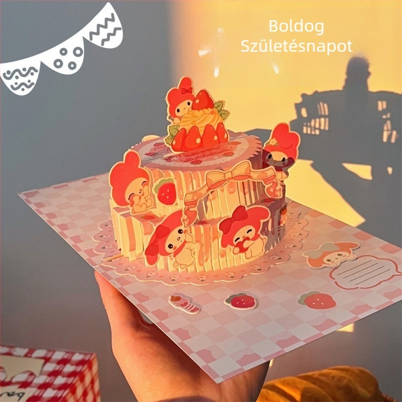 DIY karikatúra hajtogatható üdvözlőlap készlet kivágás nélkül, borítékokkal, 3D születésnapi torta üdvözlőlap