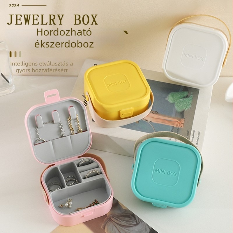 Candy színű hordozható ékszerdoboz, mini, japán stílusú, fülbevalók, gyűrűk és nyakláncok számára, méretek 10×10×5 cm, műanyag