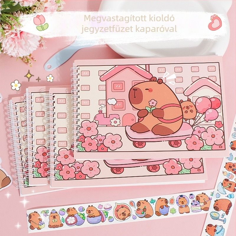 A5-ös spirálfüzet szalag matricákkal, kétoldalas kapibara motívum, DIY naplóhoz