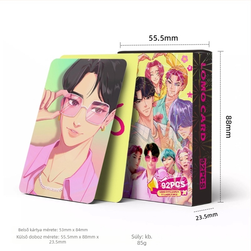 92 darabos kis kártyacsomag K-pop Demon Slayer Girl Group, Shaka Boy Group gyűjteményes fotókártyák, mini matricák és Lomo kártyák