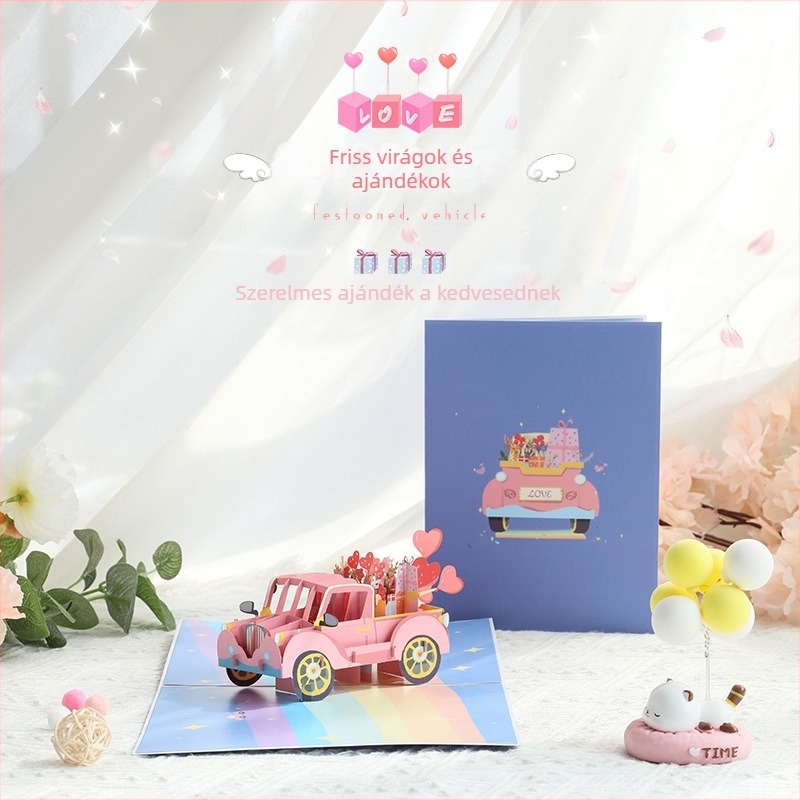 3D pop-up üdvözlőlap szív alakú kisautóval, kreatív karikatúra Valentin-napi kártya, hálaadási áldások, ajándék barátoknak.