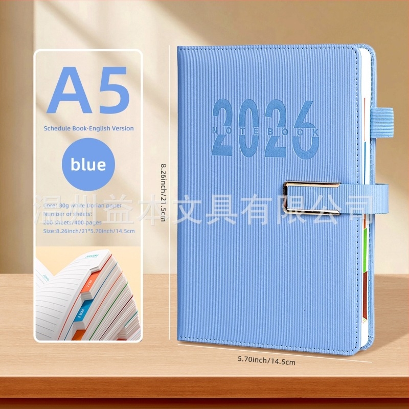2026-os naptártervező notesz — angol tervezési útmutató, irodai hatékonyság, testreszabható, borító műbőr, spirálkötés, Dowling papír, 400+ oldal