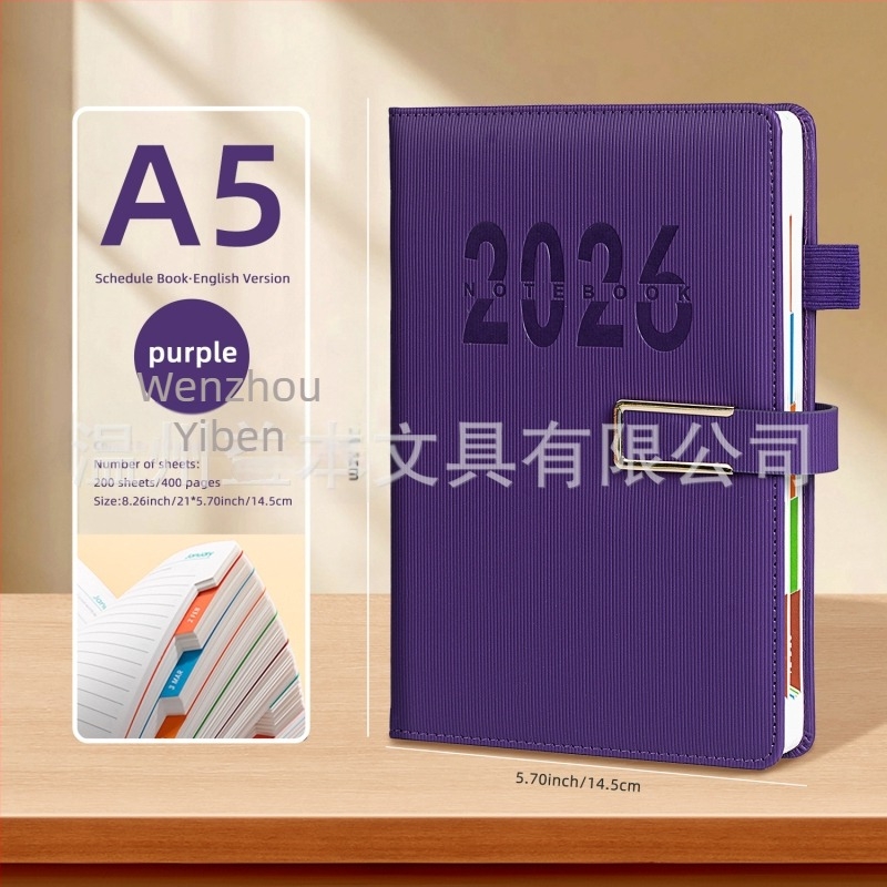 2026-os naptártervező notesz — angol tervezési útmutató, irodai hatékonyság, testreszabható, borító műbőr, spirálkötés, Dowling papír, 400+ oldal