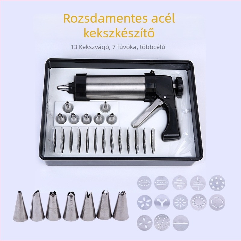 Krém dekoráló pisztoly készlet ABS anyagból, díszítő fejekkel, ajándék dobozban.