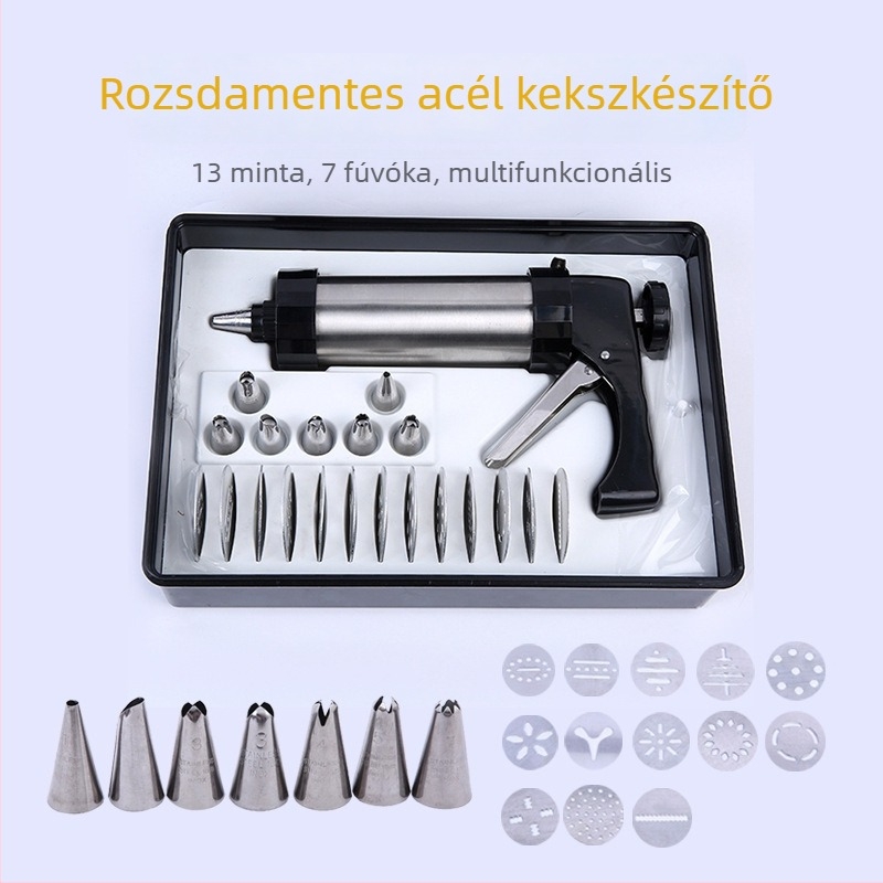 Krém dekoráló pisztoly készlet ABS anyagból, díszítő fejekkel, ajándék dobozban.
