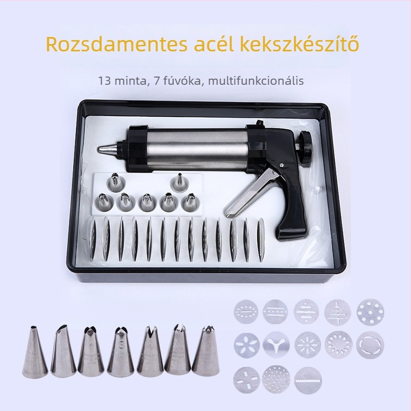 Krém dekoráló pisztoly készlet ABS anyagból, díszítő fejekkel, ajándék dobozban.