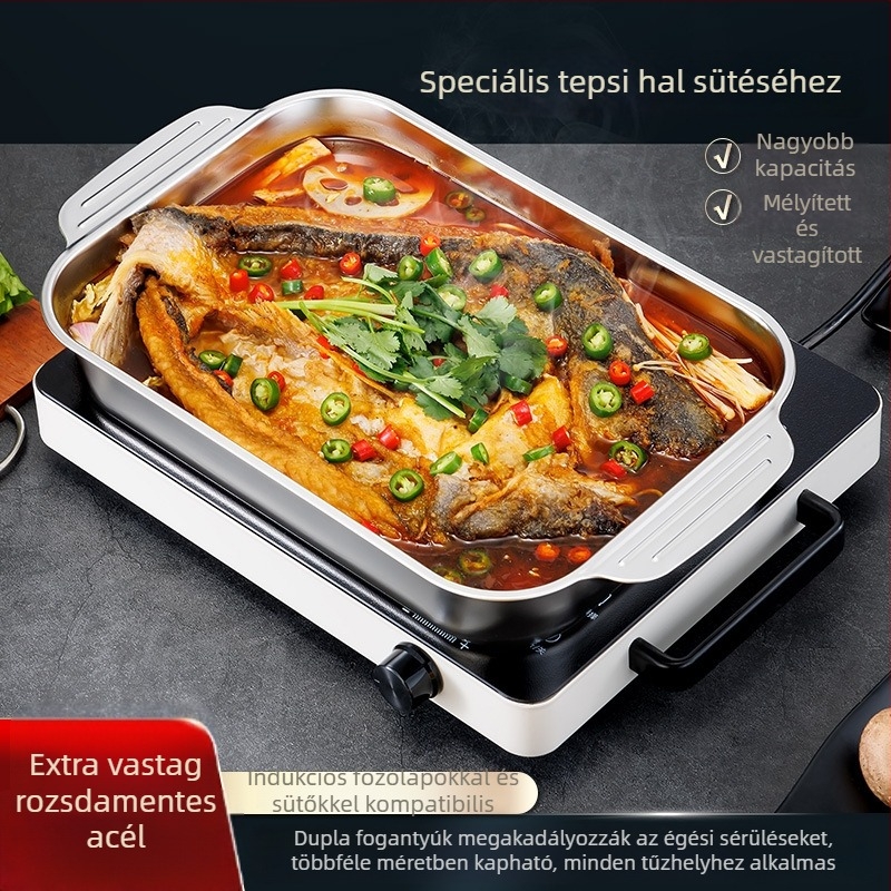 Szögletes rozsdamentes acél hal grill serpenyő indukciós főzőlaphoz - többe funkciós, könnyen tisztítható, bevonat nélküli