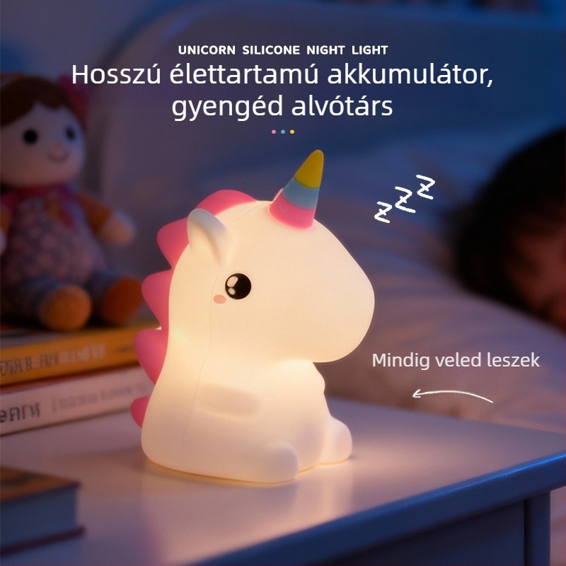 Szilikon egyszarvú éjszakai lámpa – újratölthető, érintéses kapcsolóval, hálószoba dekor, meleg fény, gyerekek szemvédelme