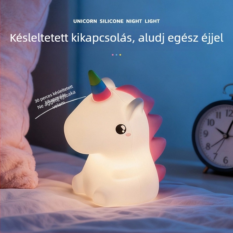Szilikon egyszarvú éjszakai lámpa – újratölthető, érintéses kapcsolóval, hálószoba dekor, meleg fény, gyerekek szemvédelme