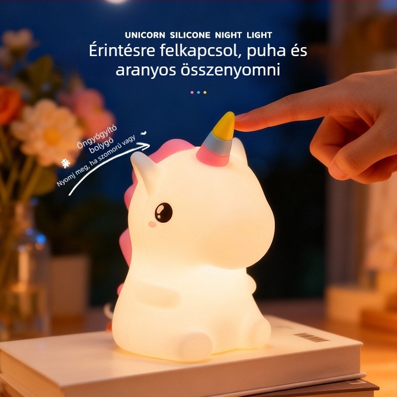 Szilikon egyszarvú éjszakai lámpa – újratölthető, érintéses kapcsolóval, hálószoba dekor, meleg fény, gyerekek szemvédelme
