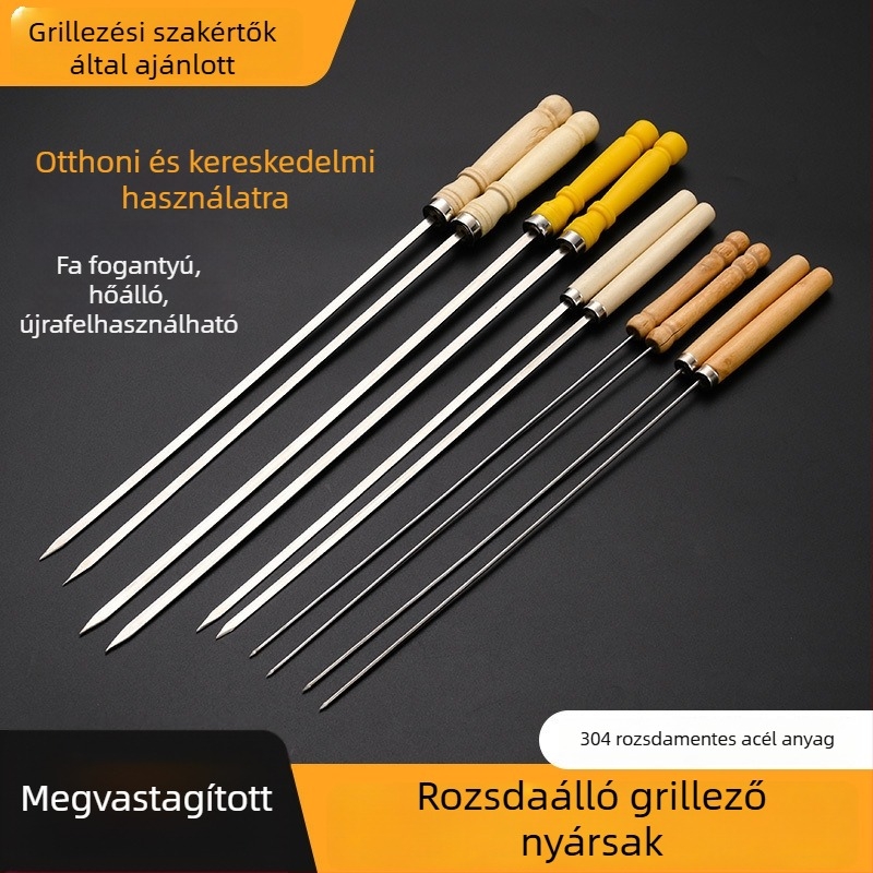 Fa nyelű rozsdamentes acél grillszúrók kebabokhoz, lapos szúrók, grill eszközök és kiegészítők