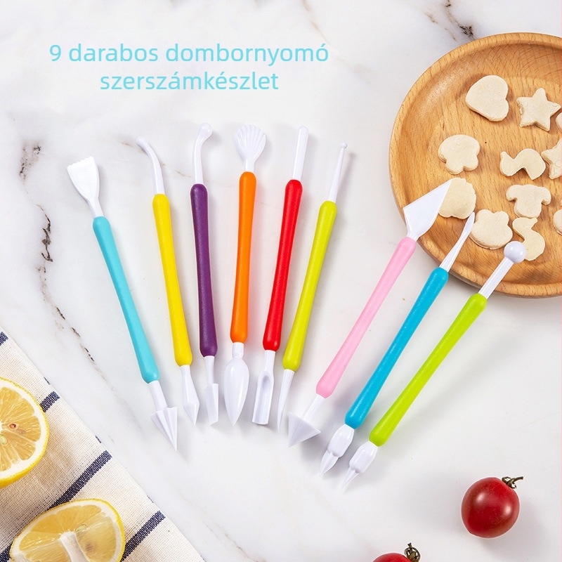 9 darabos fondantvágó és formázókészlet tortadíszítéshez és agyagmodellezéshez
