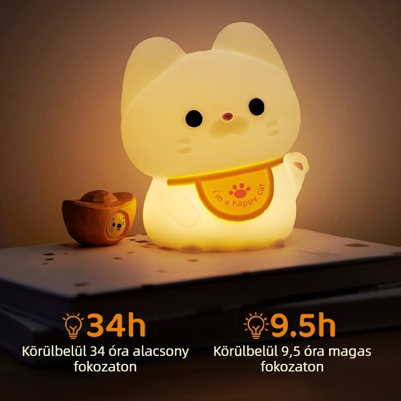 Szilikonból készült szerencsés macska éjszakai fény USB töltéssel, időzítővel és távirányítóval, LED éjjeli lámpa